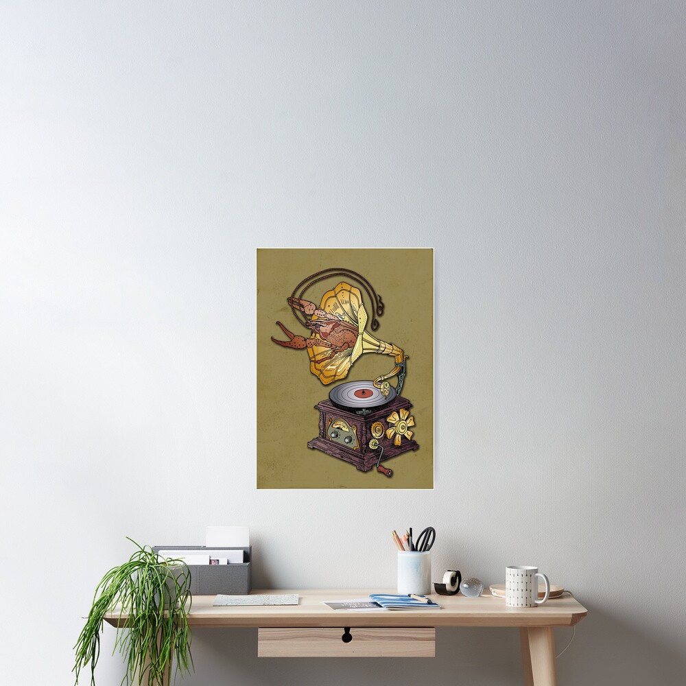 Grotesque vintage steampunk style gramophone with lobster crawling out of it. Poster