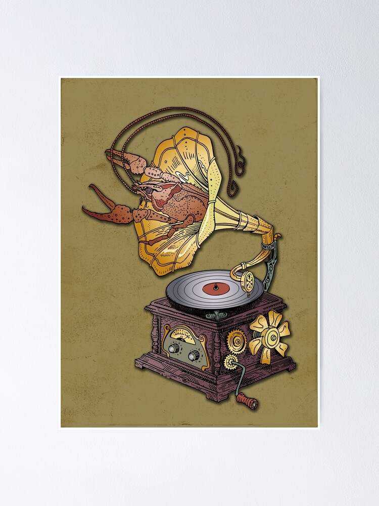 Alternate view of Grotesque vintage steampunk style gramophone with lobster crawling out of it. Poster