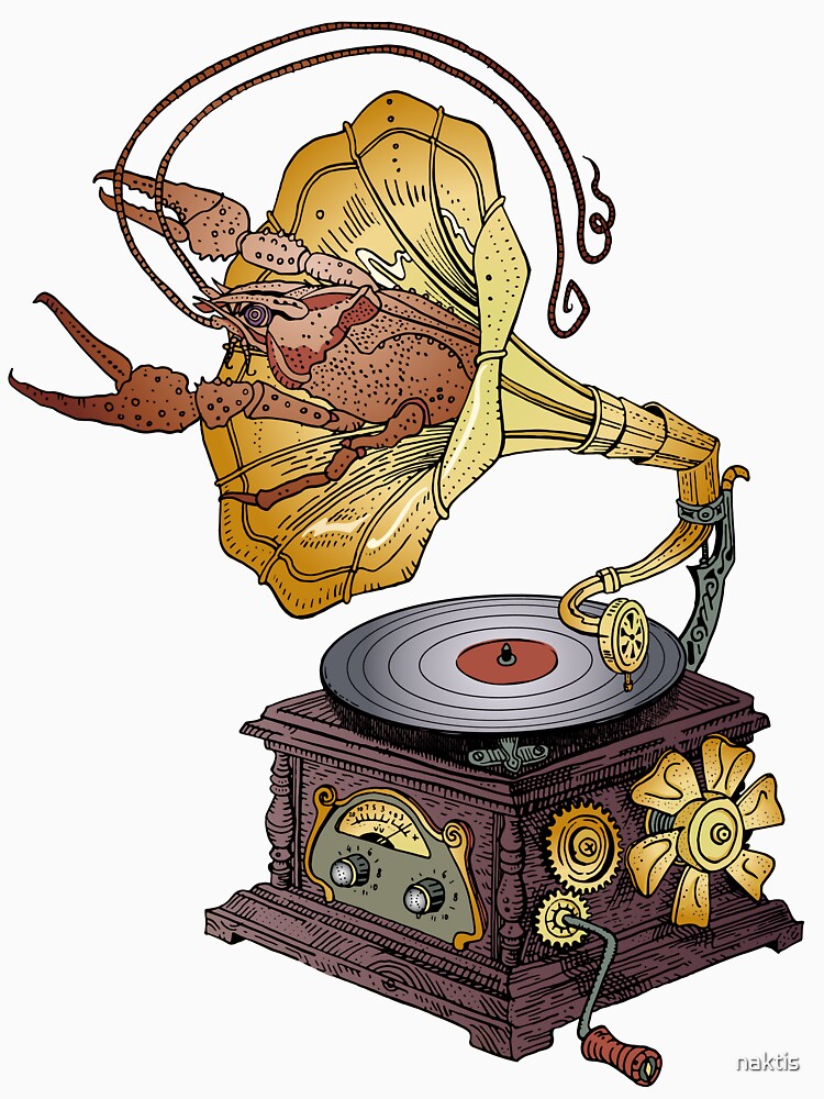Grotesque vintage steampunk style gramophone with lobster crawling out of it. by naktis
