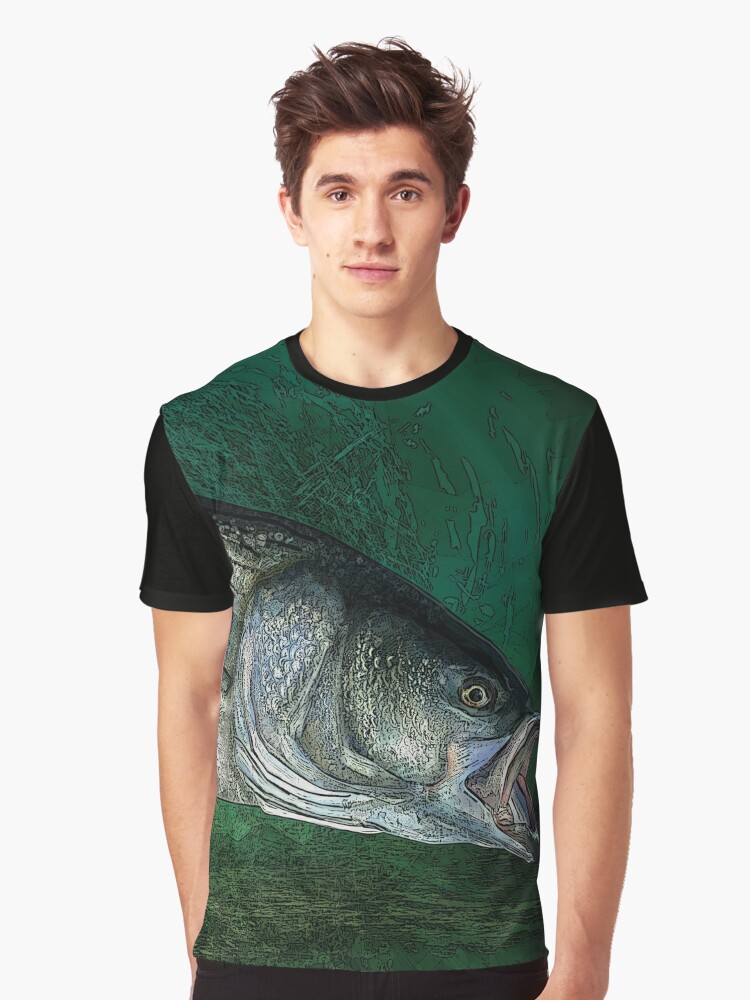 Striped Bass in Blue Green Depths, Ocean Fishing Graphic T-Shirt for Sale  by fishweardesigns
