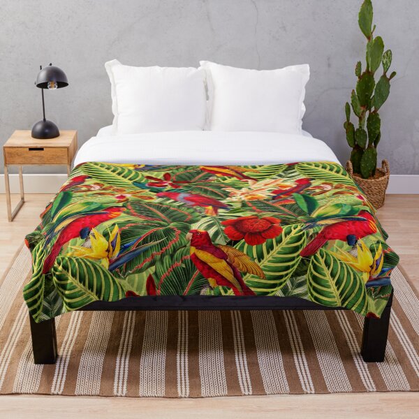 Vintage Tropical Bird Jungle Garden Throw Blanket
