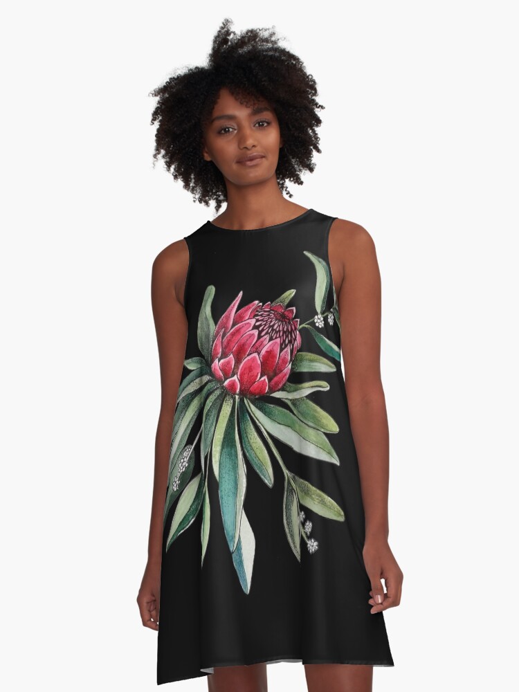 Thumbnail 1 of 4, A-Line Dress, Protea watercolor designed and sold by MagentaRose.
