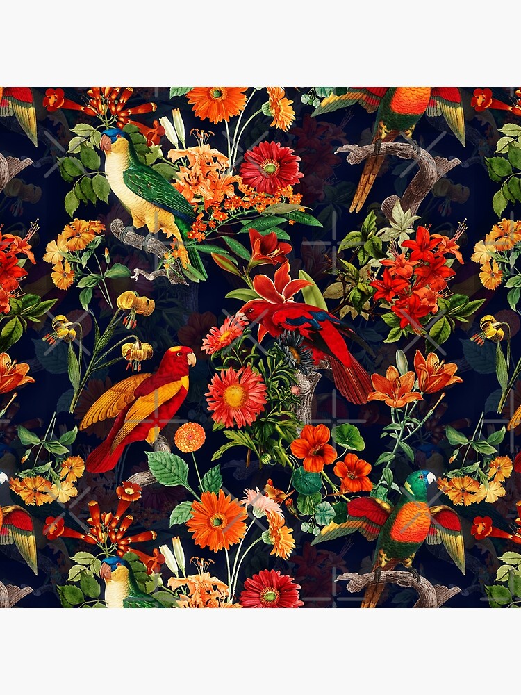 Vintage Tropical Bird Night Jungle Garden dark blue by UtArt