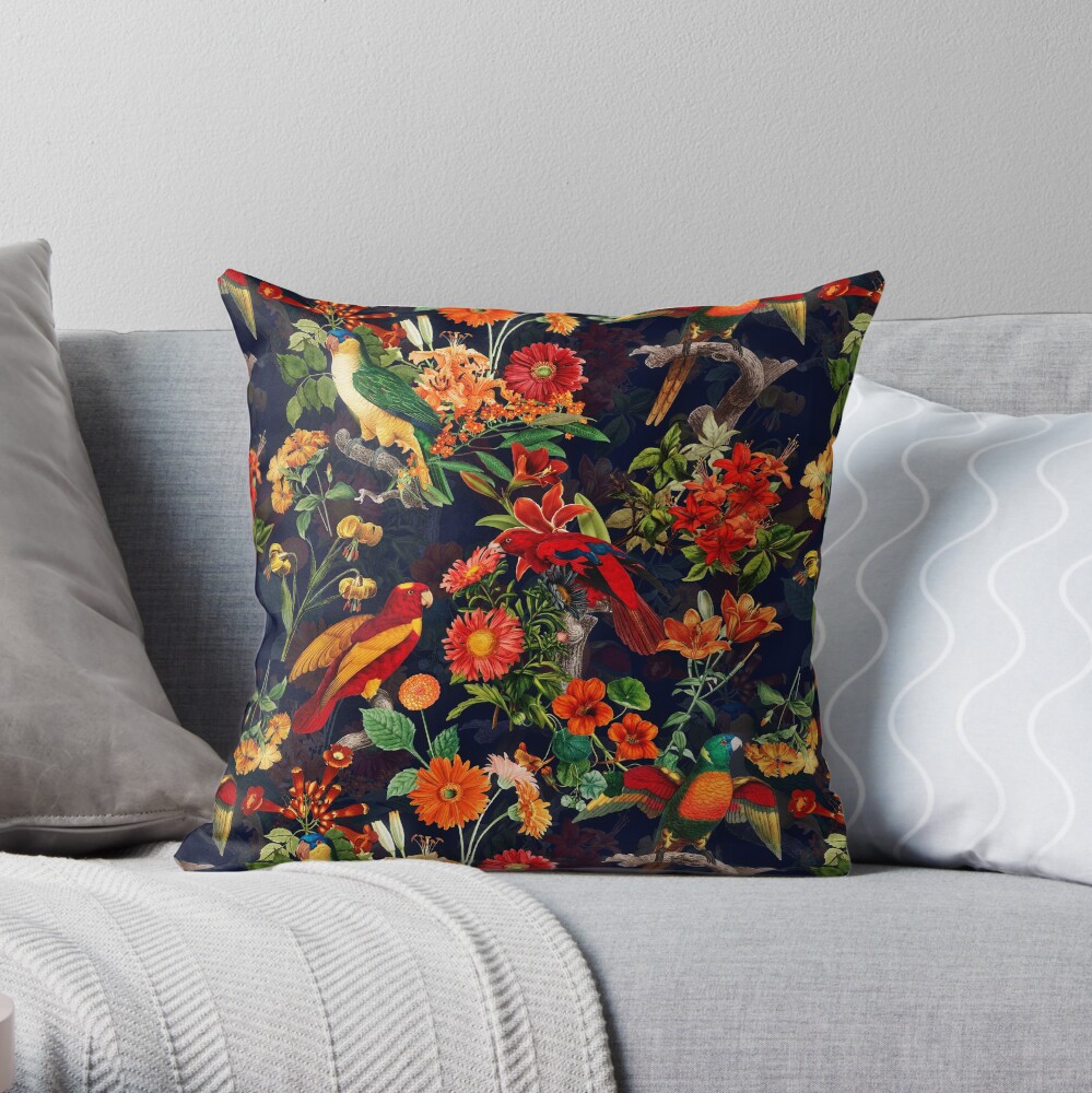 Vintage Tropical Bird Night Jungle Garden dark blue Throw Pillow