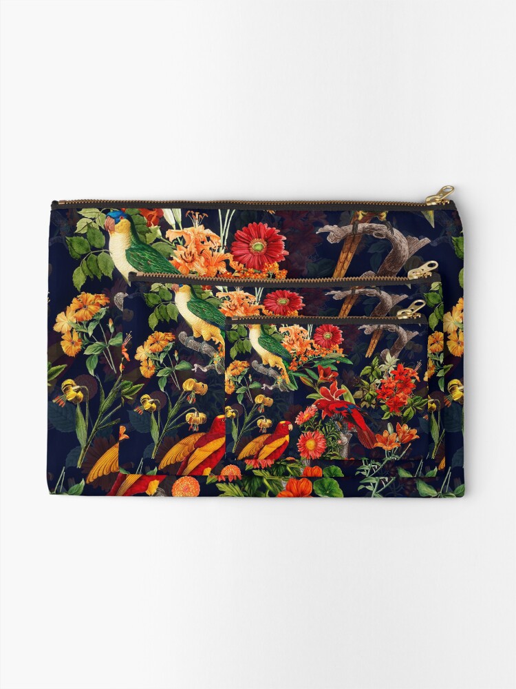 Alternate view of Vintage Tropical Bird Night Jungle Garden dark blue Zipper Pouch