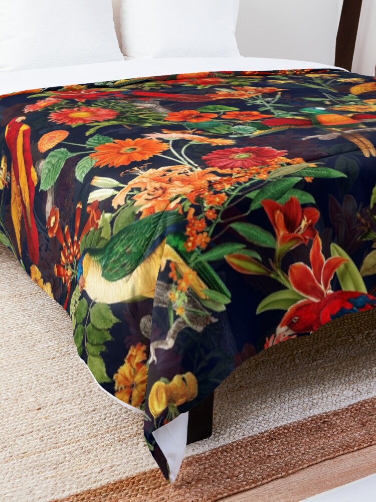 Alternate view of Vintage Tropical Bird Night Jungle Garden dark blue Comforter
