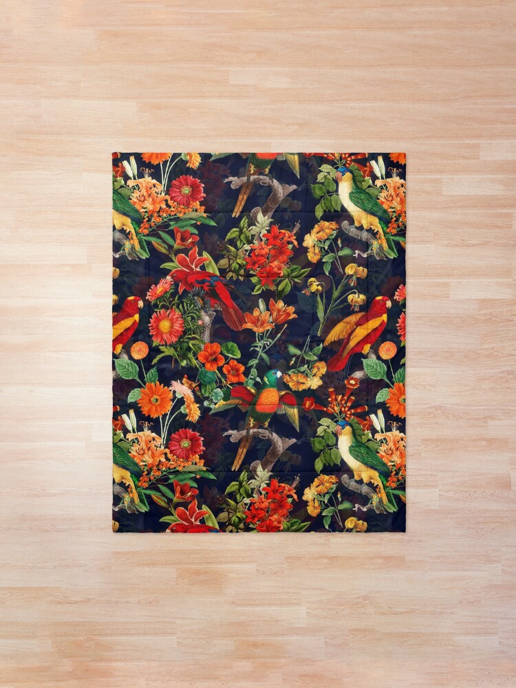 Alternate view of Vintage Tropical Bird Night Jungle Garden dark blue Comforter