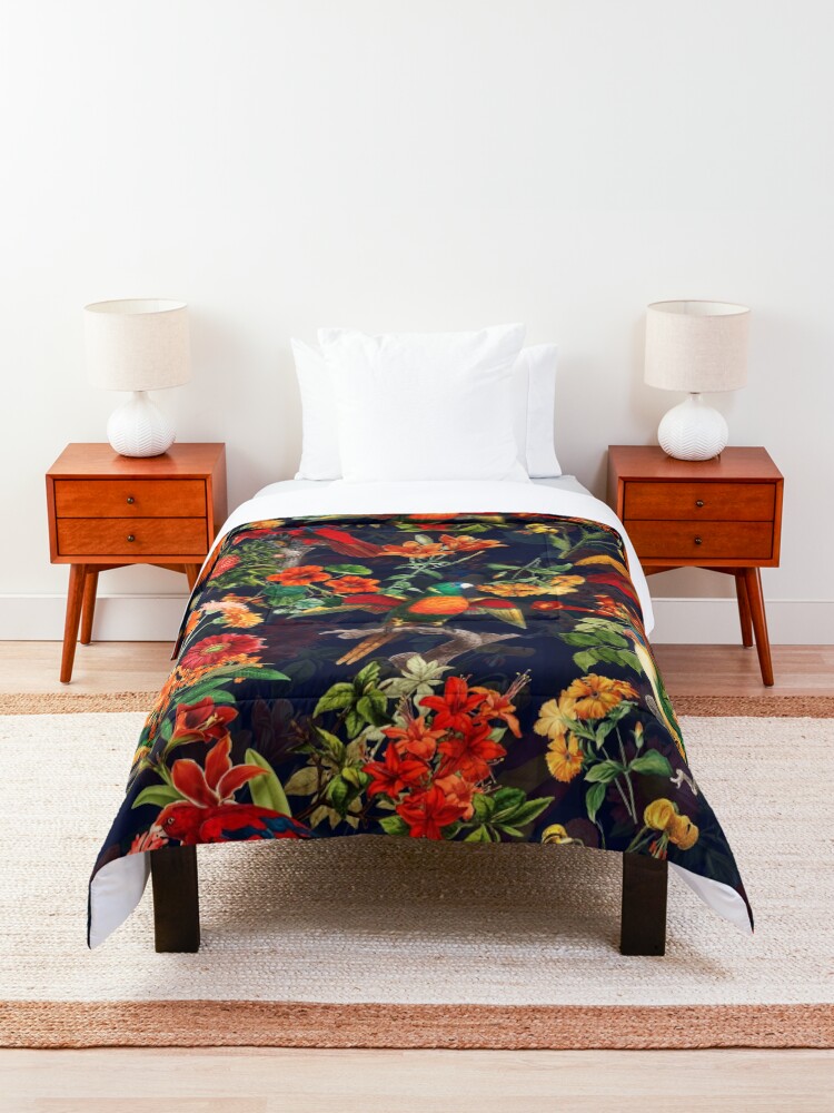 Alternate view of Vintage Tropical Bird Night Jungle Garden dark blue Comforter