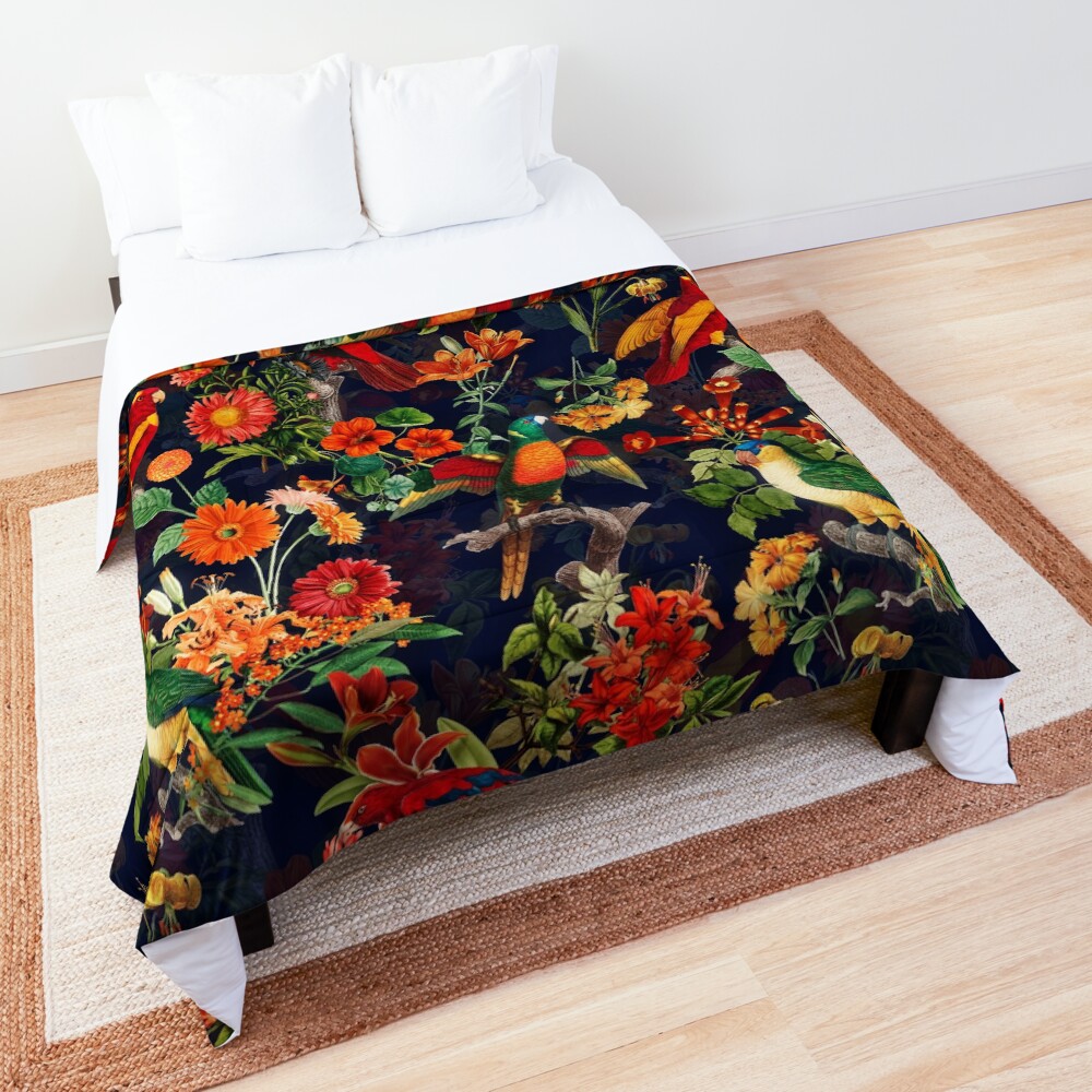 Vintage Tropical Bird Night Jungle Garden dark blue Comforter