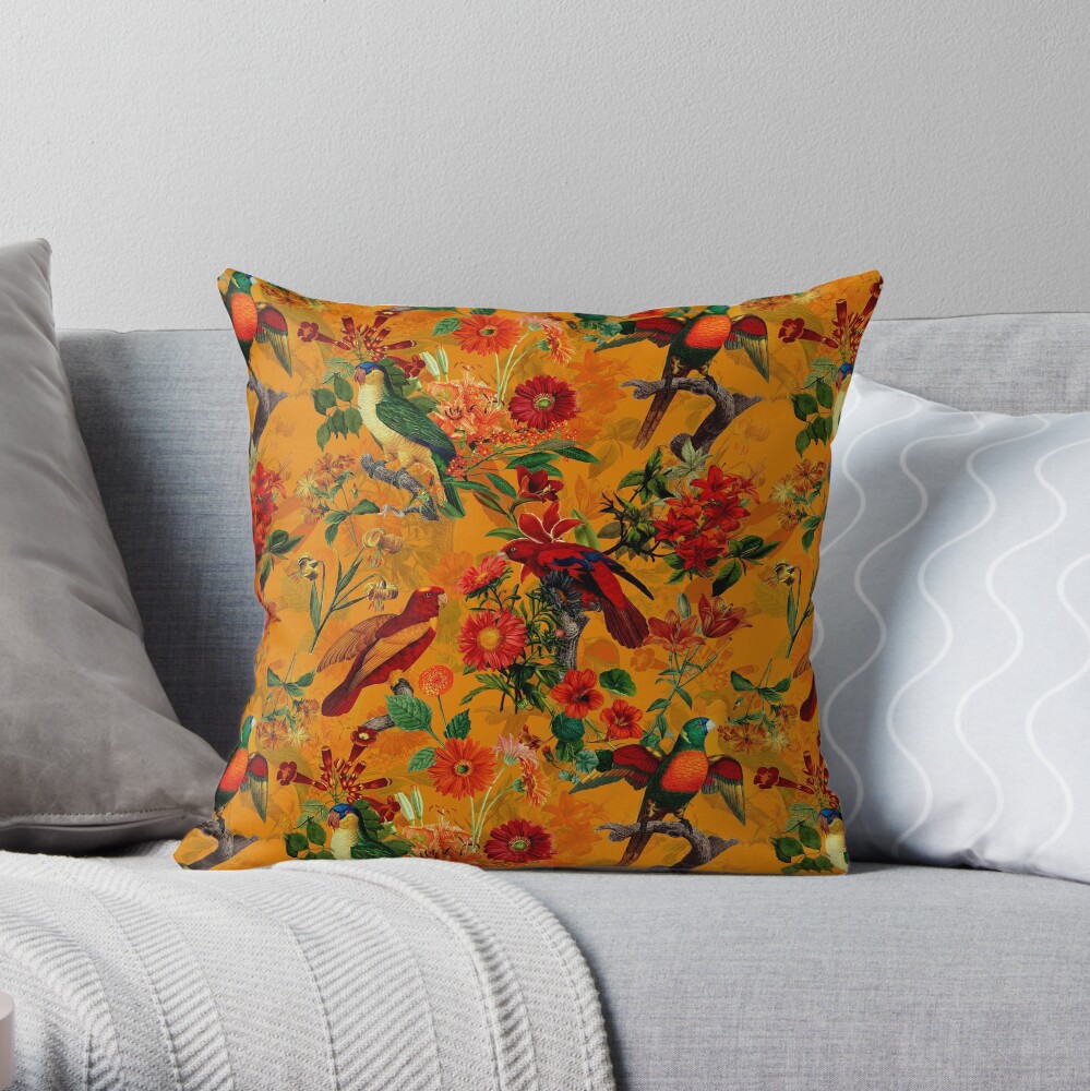 Vintage Tropical Bird Jungle Garden orange Throw Pillow