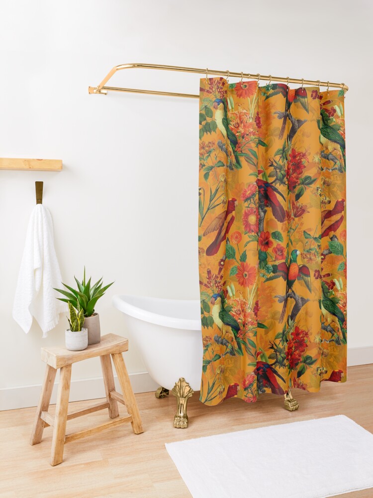Discover Vintage Tropical Bird Jungle Botanical Garden orange Shower Curtain