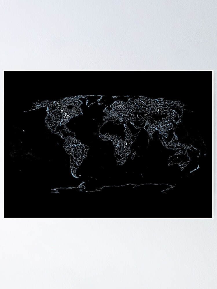 Alternate view of World Map of Large Rivers, Lakes and Coast Lines - Dark Background Poster