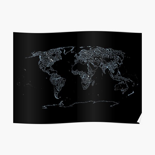 World Map of Large Rivers, Lakes and Coast Lines - Dark Background