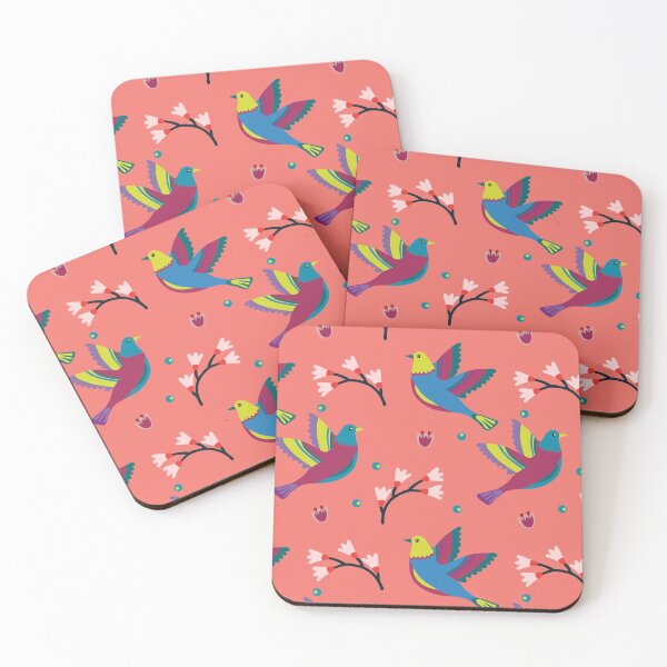 Item preview, Cute  colourful folk birds on coral background designed and sold by FK-UK.