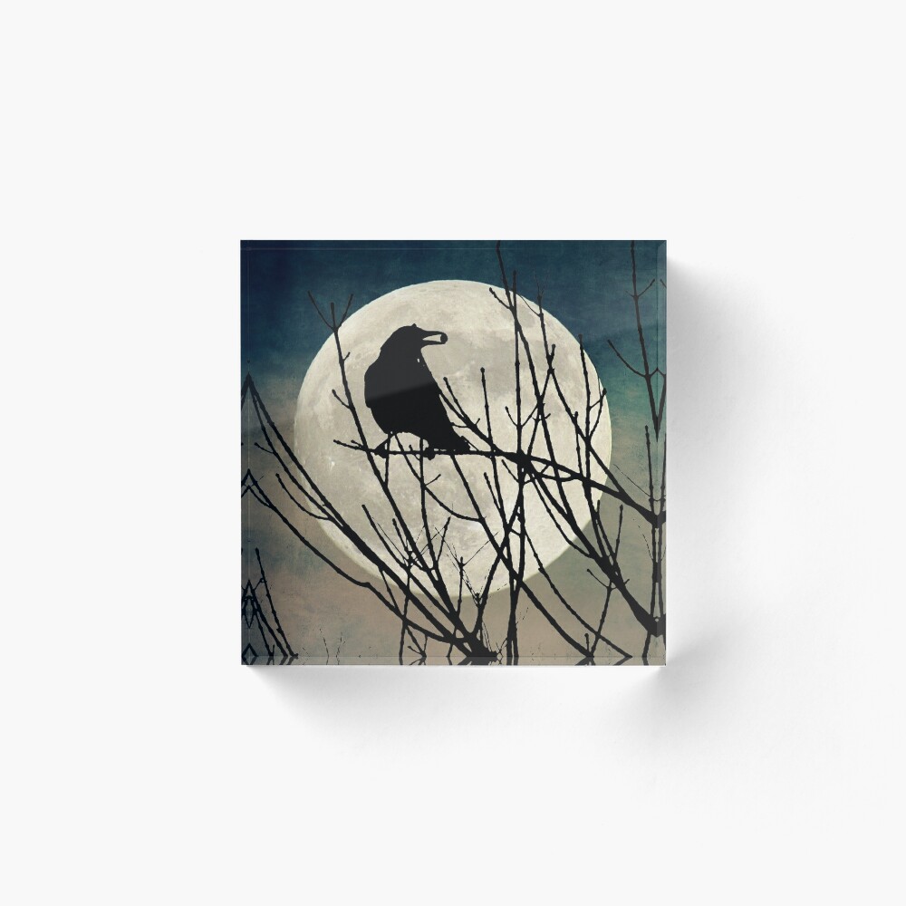 Rustic Crow Tree Moon Black Bird Teal Cream Matted Picture Wall Art Print A189 