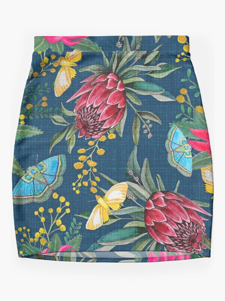 Mini Skirt, Australian flowers and butterfly moths painted in watercolor designed and sold by MagentaRose