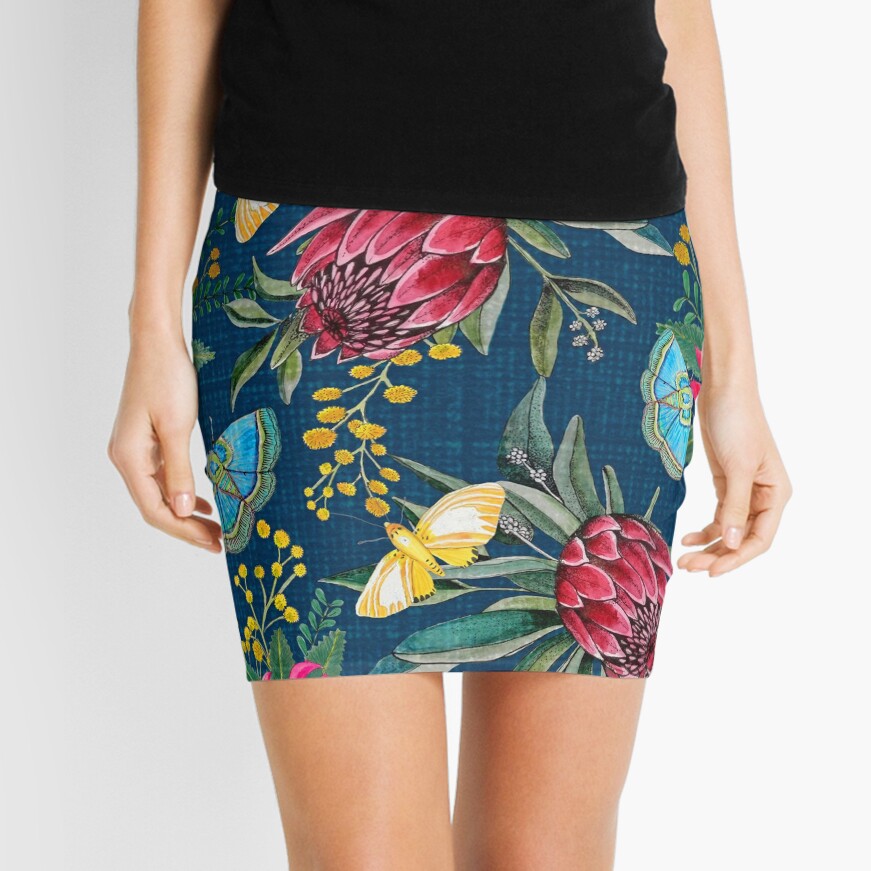 Australian flowers and butterfly moths painted in watercolor Mini Skirt