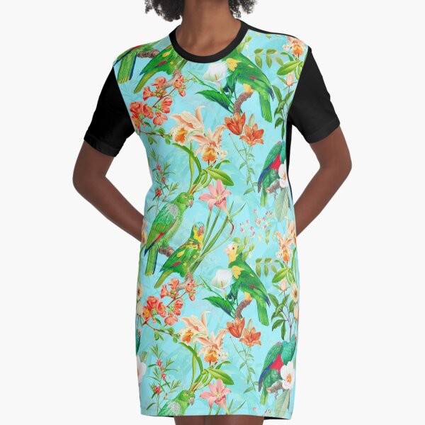 Vintage Teal Tropical Bird Jungle Garden Graphic T-Shirt Dress