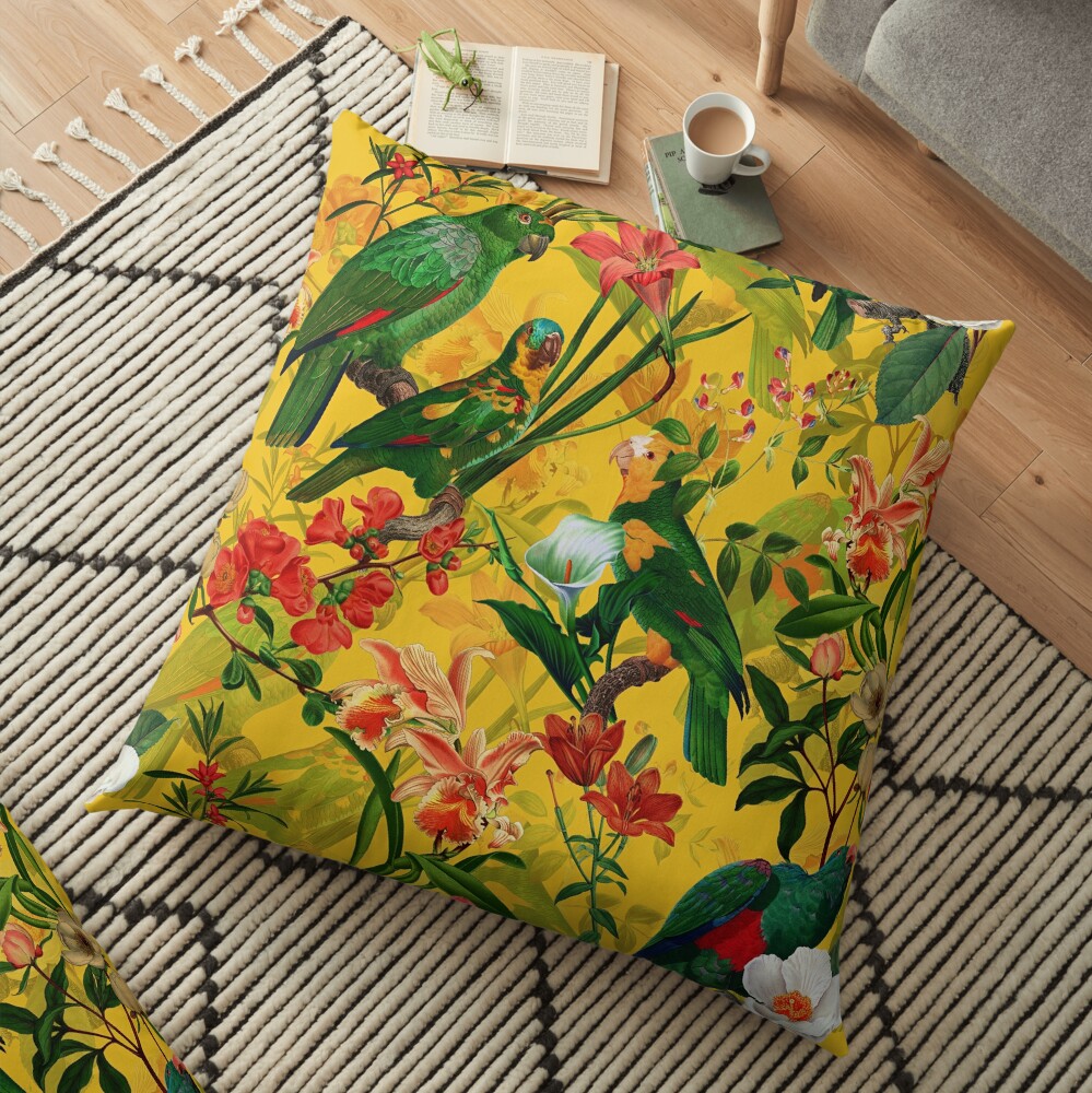 Vintage Yellow Tropical Bird Jungle Garden Floor Pillow