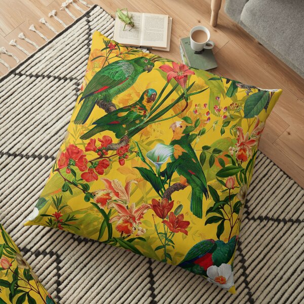 Jardin Jungle Oiseau Tropical Jaune Vintage Coussin de sol