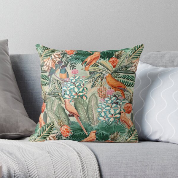 Vintage Orange Tropical Bird Jungle Garden Throw Pillow