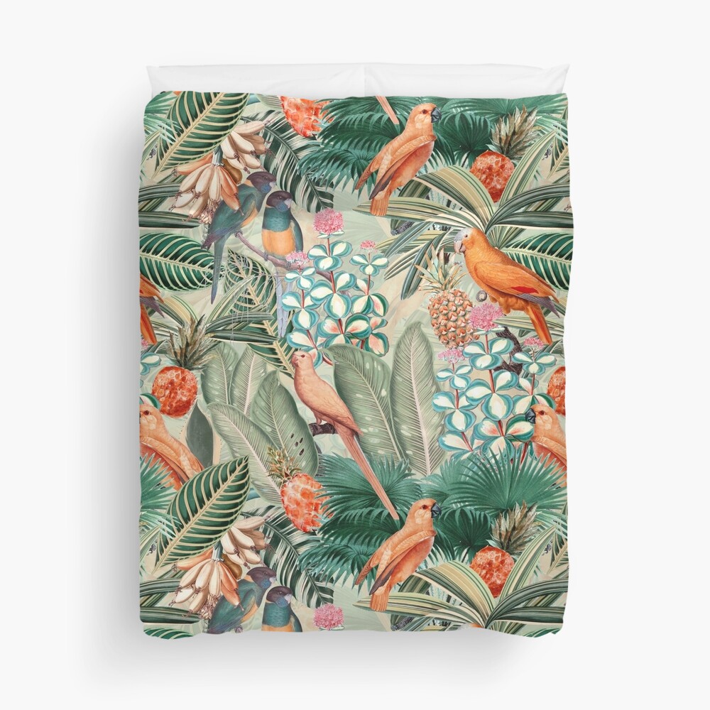 Vintage Orange Tropical Bird Jungle Garden Duvet Cover