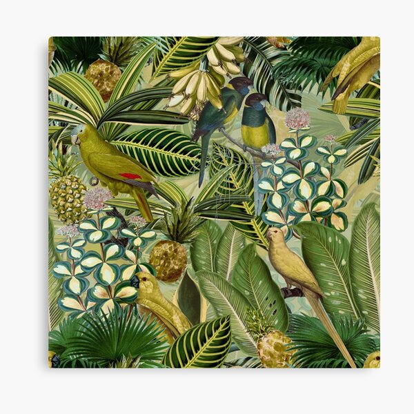Vintage Green Tropical Bird Jungle Garden Canvas Print