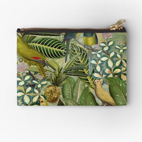 Vintage Green Tropical Bird Jungle Garden Zipper Pouch