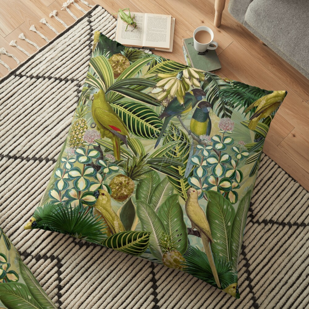 Vintage Green Tropical Bird Jungle Garden Floor Pillow
