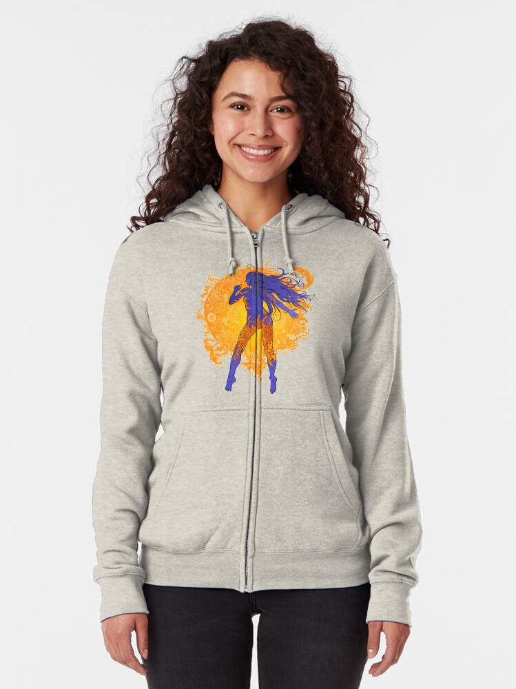 Alternate view of Fiery sun, cosmic girl. Zipped Hoodie