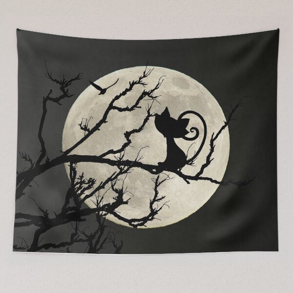 Item preview, Black Cat Watching Flying Bird Moon Child's Kitty Bedroom Art A552 designed and sold by byNicol.