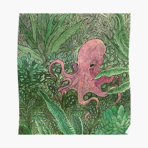 Pink octopus in a jungle - illustration Poster