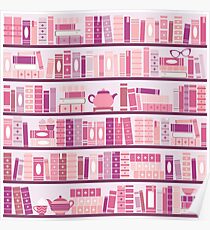 Pink Bookcase Pattern Romance Tea Books Poster