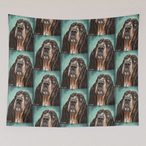 Item preview, Painting of a Basset Hound Dog Looking Up Turquoise Background  designed and sold by ibadishi.