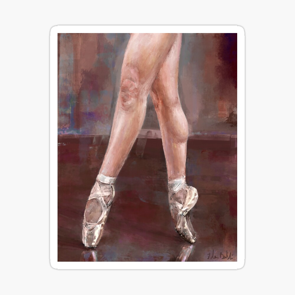 Painting of Ballet Dancer Legs and Shoes on Pointe, Maroon Background