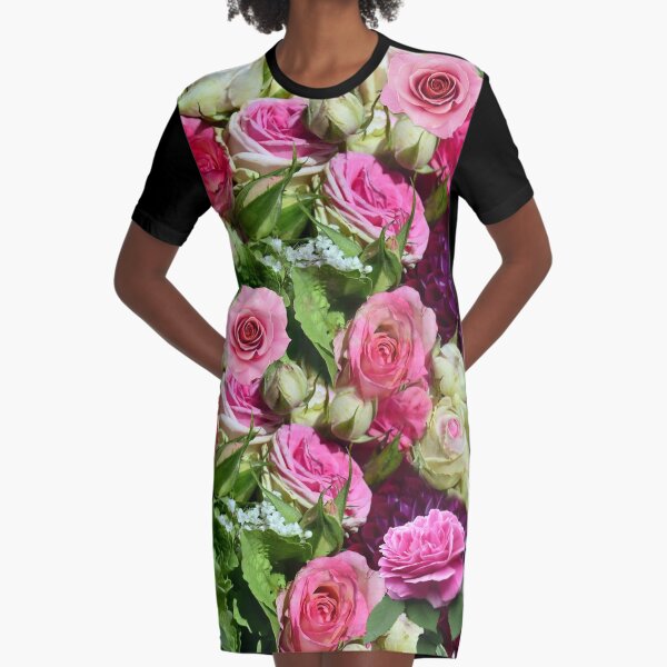 Pinks and Greens Rose Bouquet Graphic T-Shirt Dress