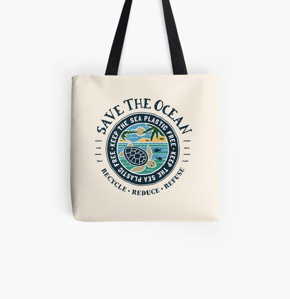 Save The Ocean Keep the Sea Plastic Free Turtle Scene All Over Print Tote Bag