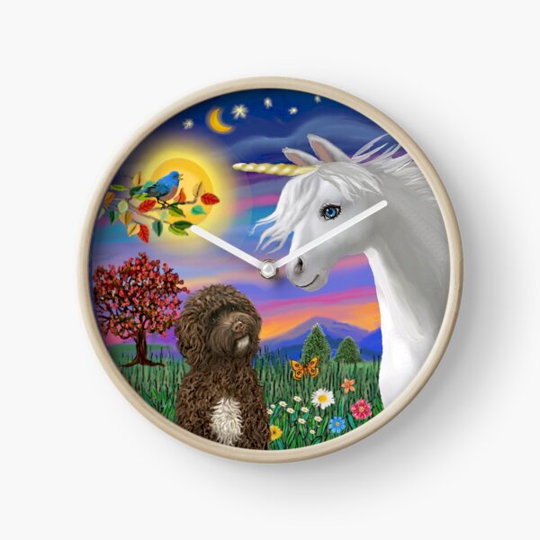 Unicorn and Portuguese Water Dog (brown) Clock