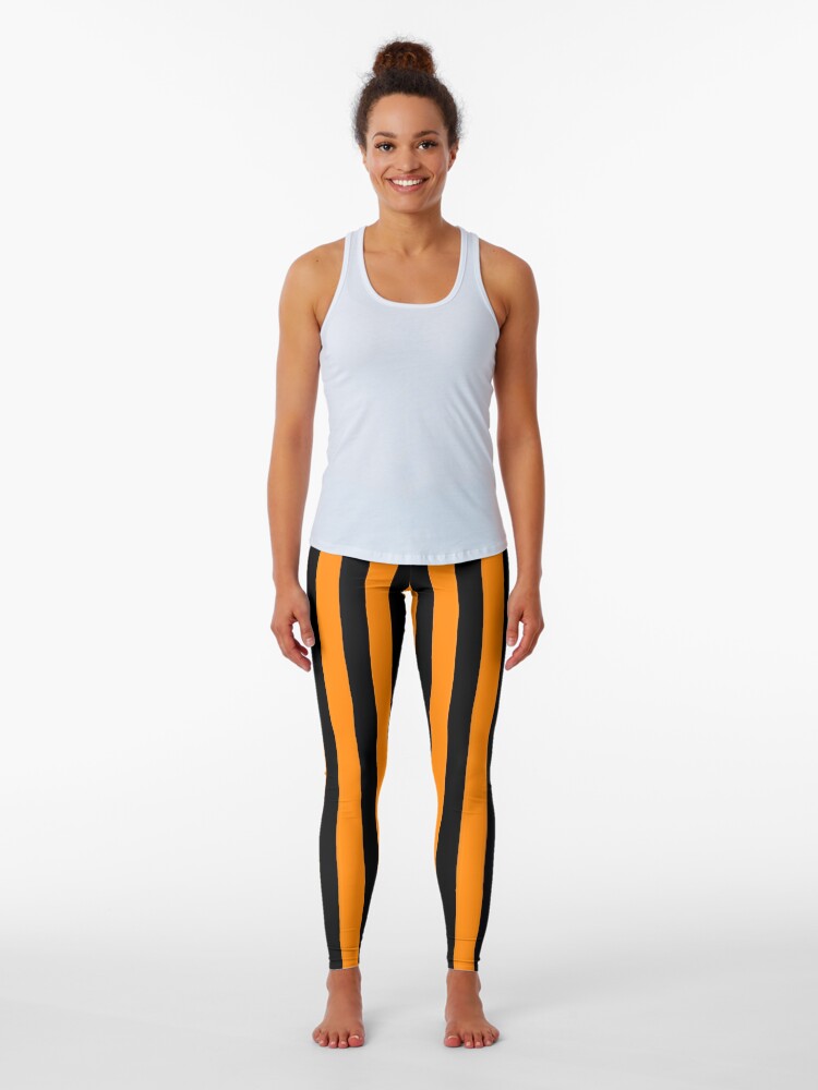 Neon Orange and Black Vertical Stripes Leggings for Sale by