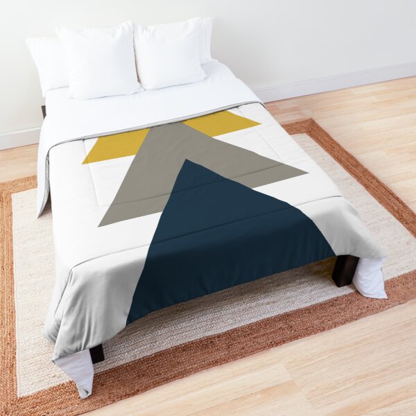 Triangle Trio. Minimalist Geometric in Light Mustard Yellow, White, Grey, and Navy Blue Comforter