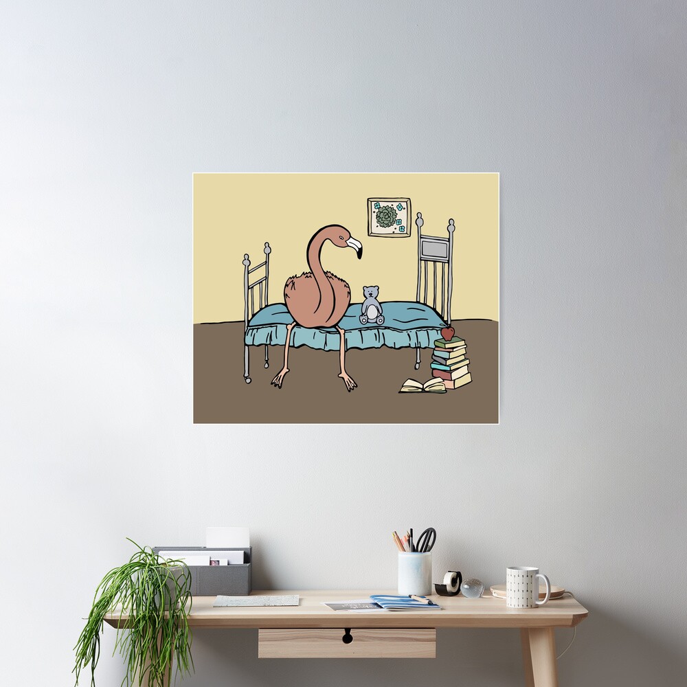 Flamingo and Teddy Bear Hanging Out on a Bed Poster
