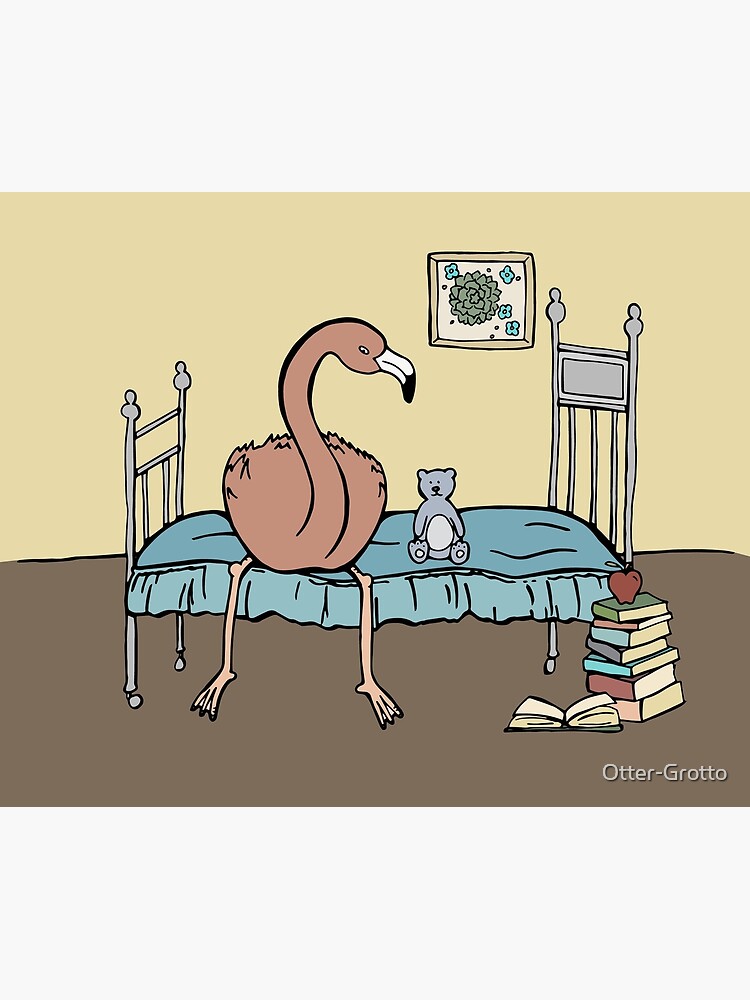 Flamingo and Teddy Bear Hanging Out on a Bed by Otter-Grotto