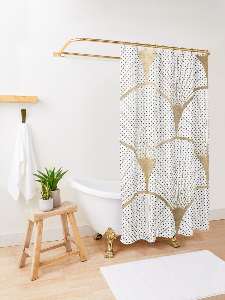 Alternate view of Art Deco pattern - golden polkadot fans Shower Curtain