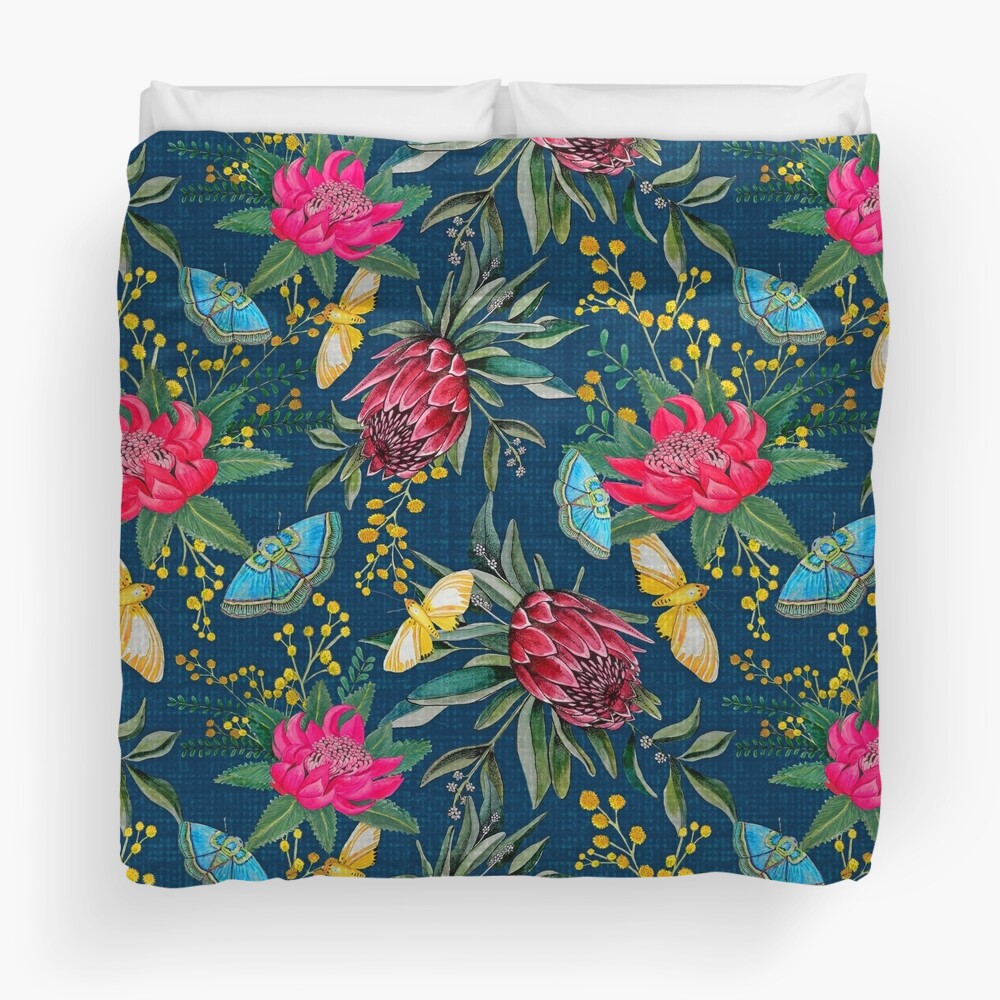 Australian flowers and butterfly moths painted in watercolor Duvet Cover