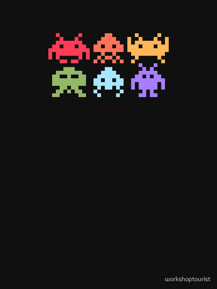 Thumbnail 7 von 7, Essential T-Shirt, Space Invaders Pixel Art Regenbogen-Aliens designt und verkauft von workshoptourist.