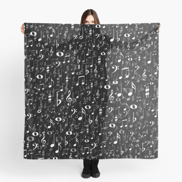 Random Gray and White Musical Notes on Black Background Scarf