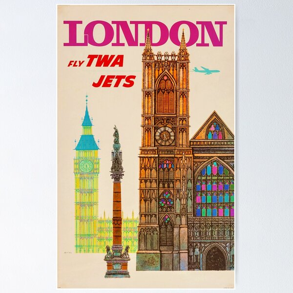 Item preview, VINTAGE FLY TWA JETS TO LONDON TRAVEL ADVERTISEMENT! designed and sold by CinemaObscura.