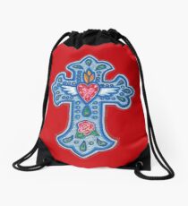 Blue Winged Heart Cross with Rose Drawstring Bag