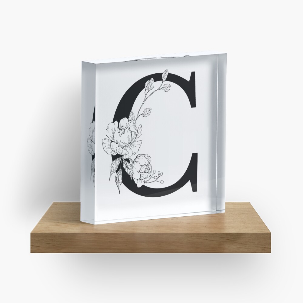 C Botanical Monogram. Detailed Peony Drawing Acrylic Block