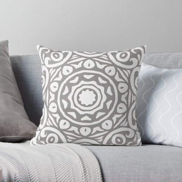 Grey & White Elegant Floral Abstract Mandala Throw Pillow